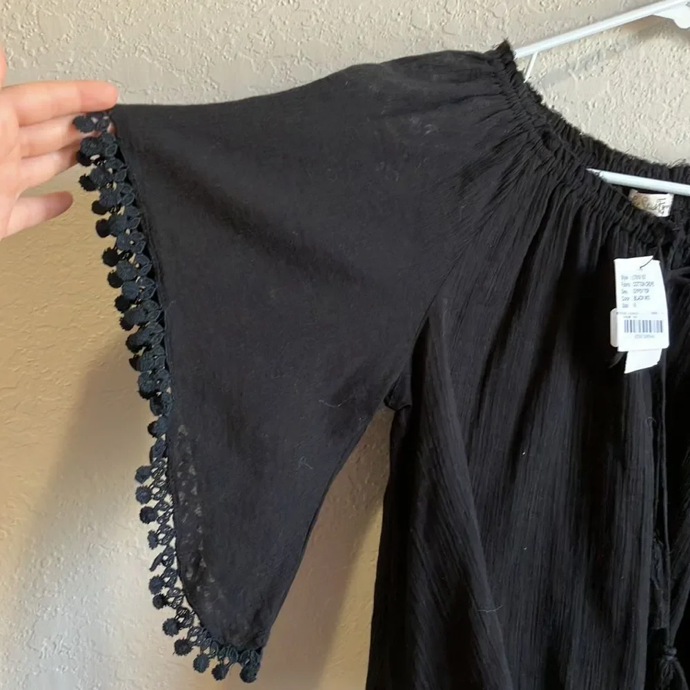 Love Shack Fancy • Black Cotton Crepe Gypsy Top Tassles Size 0 - Picture 5 of 6